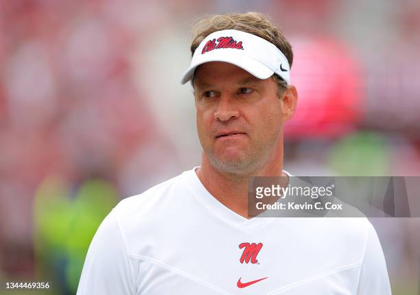 Head coach Lane Kiffin of the Mississippi Rebels looks on prior to facing the Alabama Crimson Tide at Bryant-Denny Stadium on October 02, 2021 in...