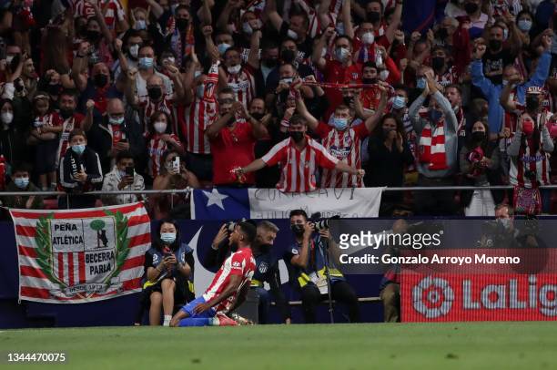 Thomas Lemar of Atletico Madrid celebrates after scoring their team's first goal during the La Liga Santander match between Club Atletico de Madrid...