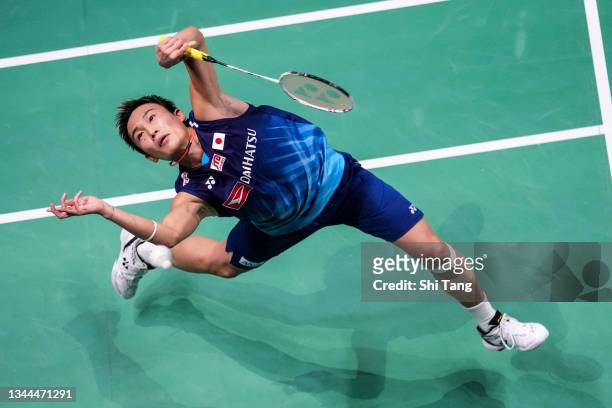 Kento Momota of Japan competes in the Men's Single match against Lee Zii Jia of Malaysia during day seven of the Sudirman Cup on October 02, 2021 in...