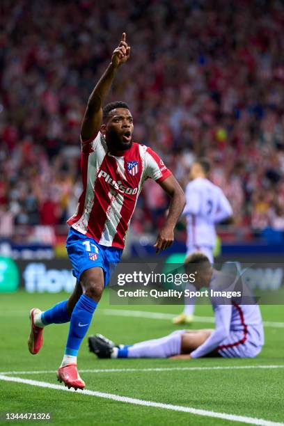 Thomas Lemar of Atletico de Madrid celebrates after scoring his team's first goal during the La Liga Santander match between Club Atletico de Madrid...