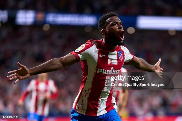 Thomas Lemar of Atletico de Madrid celebrates after scoring his team's first goal during the La Liga Santander match between Club Atletico de Madrid...