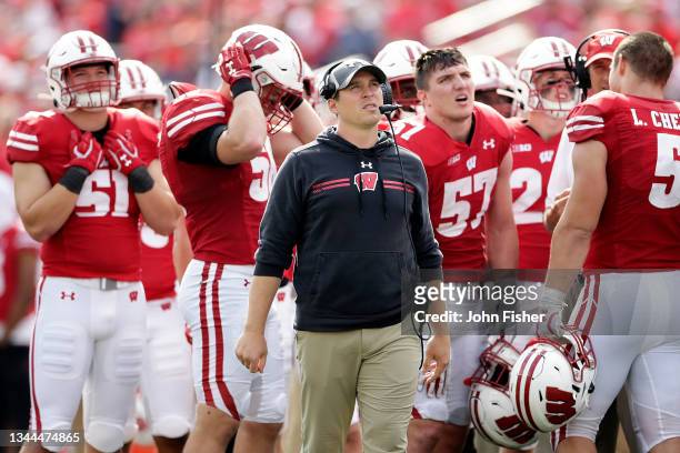 Wisconsin defensive coach Jim Leonhard looks on in the fourth quarter against the Michigan Wolverines at Camp Randall Stadium on October 02, 2021 in...