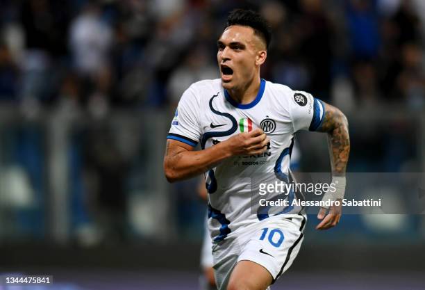 Lautaro Martinez of FC Internazionale celebrates after scoring their team's second goal from the penalty spot during the Serie A match between US...