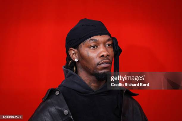 Rapper Offset poses on the runway during the Balenciaga Womenswear Spring/Summer 2022 show as part of Paris Fashion Week at Theatre Du Chatelet on...