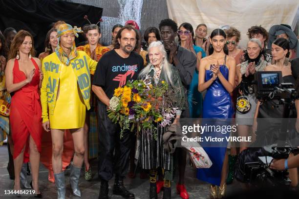 Fashion designer Vivienne Westwood walks the runway during the Westwood Ready to Wear Spring/Summer 2022 fashion show as part of the Paris Fashion...