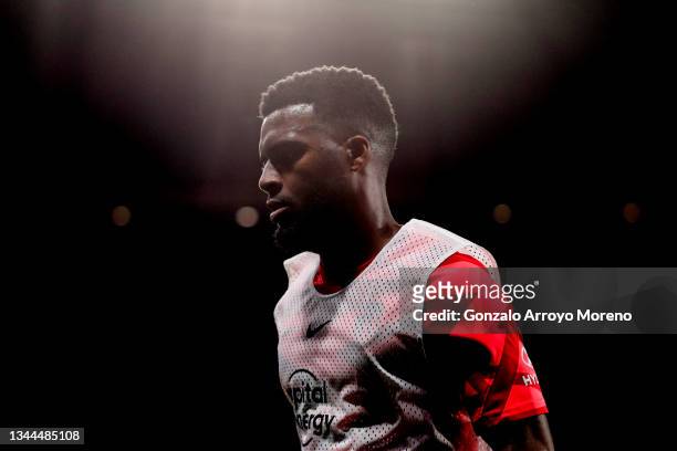 Thomas Lemar of Atletico de Madrid leaves the pitch after his warm up before the La Liga Santander match between Club Atletico de Madrid and FC...