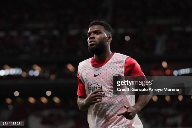 Thomas Lemar of Atletico de Madrid leaves the pitch after his warm up before the La Liga Santander match between Club Atletico de Madrid and FC...