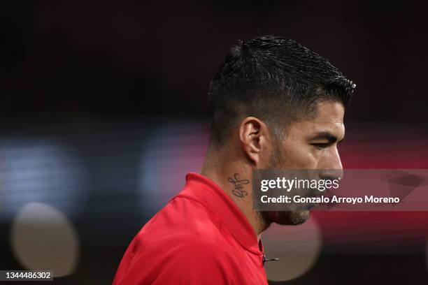 Luis Suarez of Atletico de Madrid enters the pitch prior to start during the La Liga Santander match between Club Atletico de Madrid and FC Barcelona...