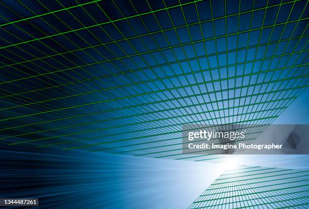 perspective digital grid green color pattern on light beam background. futuristic technology concept. - international politics fotografías e imágenes de stock