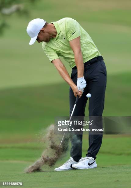 Aaron Wise plays a shot on the first hole during round three of the Sanderson Farms Championship at Country Club of Jackson on October 02, 2021 in...