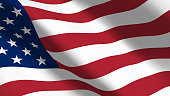 US flag flutters in the wind. USA flag with red and white stripes and stars on the blue part of the fabric closeup. Beautiful Americah Flag
