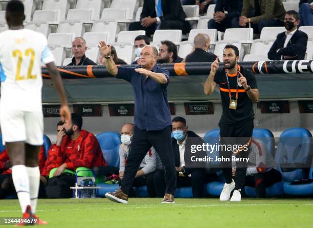 Coach of Galatasaray Fatih Terim and assistant-coach Selcuk Inan during the UEFA Europa League group E match between Olympique de Marseille and...