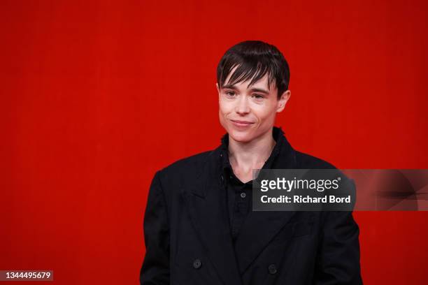 Elliot Page poses on the runway during the Balenciaga Womenswear Spring/Summer 2022 show as part of Paris Fashion Week at Theatre Du Chatelet on...