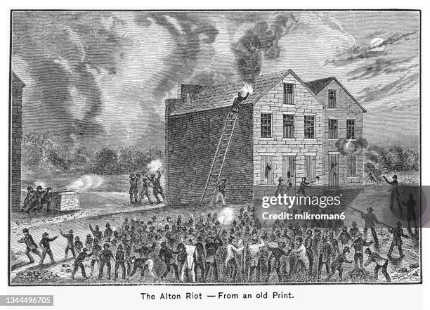 old engraved illustration of american abolitionist. the riot at alton, illinois, on 7 november 1837, in which elijah lovejoy lost his life - riot fire stock pictures, royalty-free photos & images