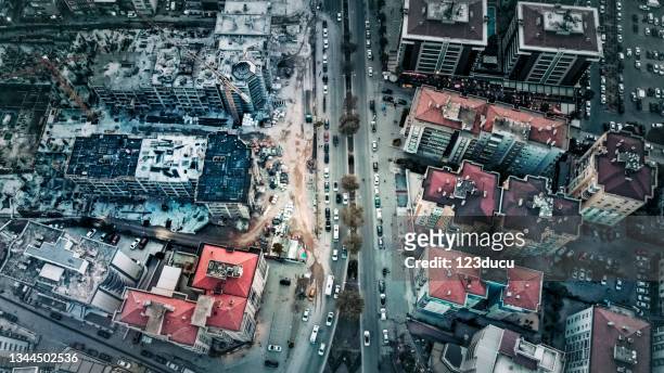 aerial view of city street - earthquake stock pictures, royalty-free photos & images