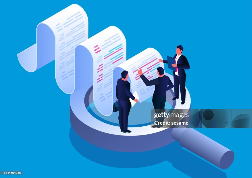Bill analysis and test check, isometric three businessmen standing on a magnifying glass to discuss and analyze billing data