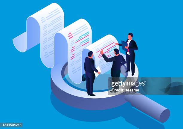 bill analysis and test check, isometric three businessmen standing on a magnifying glass to discuss and analyze billing data - legal system stock illustrations