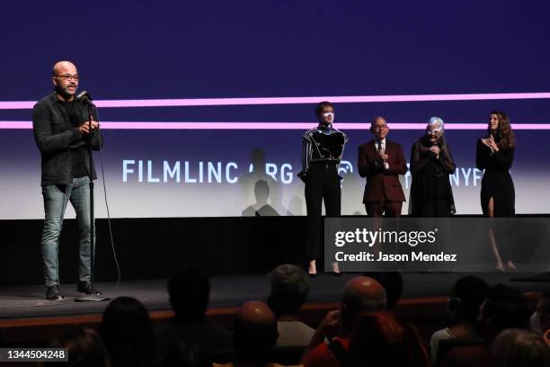 Jeffrey Wright, Lea Seydoux, Bob Balaban, Lois Smith and Anjelica Fellini attend a screening of "The French Dispatch" during the 59th New York Film...