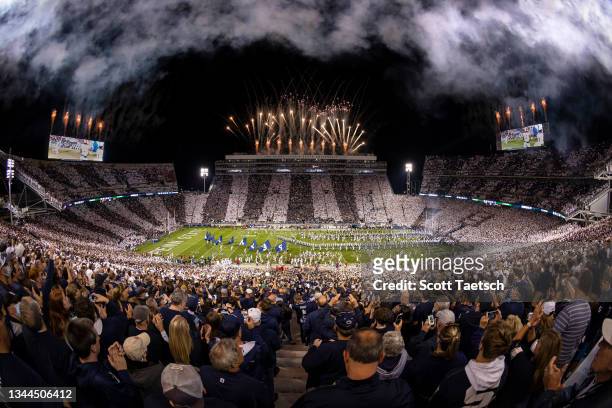 General view of fireworks before the Stripe Out game between the Penn State Nittany Lions and the Indiana Hoosiers at Beaver Stadium on October 2,...