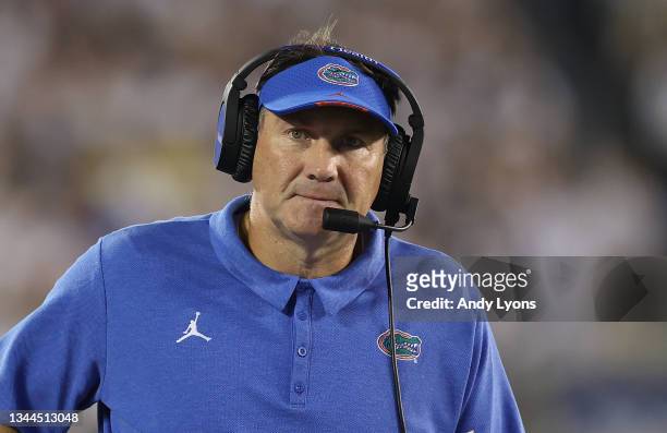 Dan Mullen the head coach of the Florida Gators during the game against the Kentucky Wildcats at Kroger Field on October 02, 2021 in Lexington,...