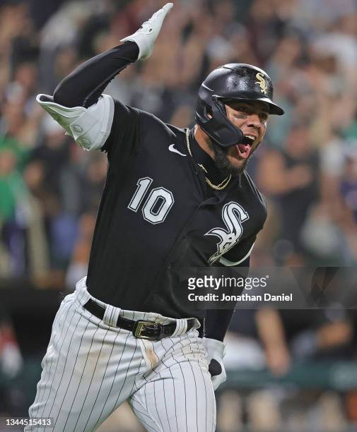 Yoan Moncada of the Chicago White Sox celebrates hitting the game-winning, two run home run in the bottom of the 8th inning as he runs the bases...