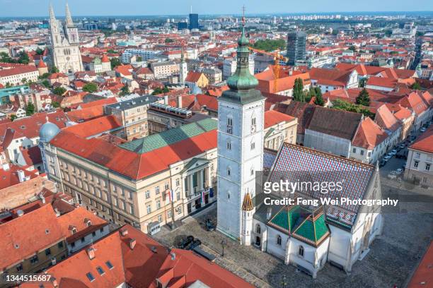 st. mark's church & zagreb cathedral, upper town, zagreb, croatia - zagreb city stock pictures, royalty-free photos & images