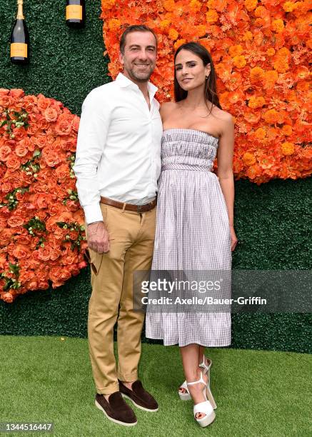Mason Morfit and Jordana Brewster attend the Veuve Clicquot Polo Classic at Will Rogers State Historic Park on October 02, 2021 in Pacific Palisades,...