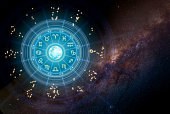 Zodiac signs inside of horoscope circle. Astrology in the sky with many stars and moons astrology and horoscopes concept.