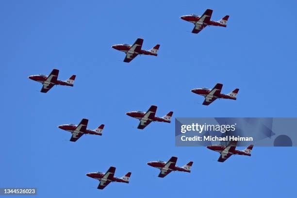 The Canadian Forces Snowbirds perform during the Pacific Airshow on October 01, 2021 in Huntington Beach, California. The airshow returned for the...