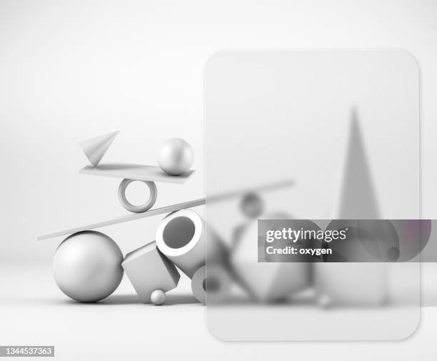 frosted glass frame on abstract geometric elements background. 3d rendering objects shapes: spheres, cone, tube, box. minimalism still life black white style - frosted glass ストックフォトと画像