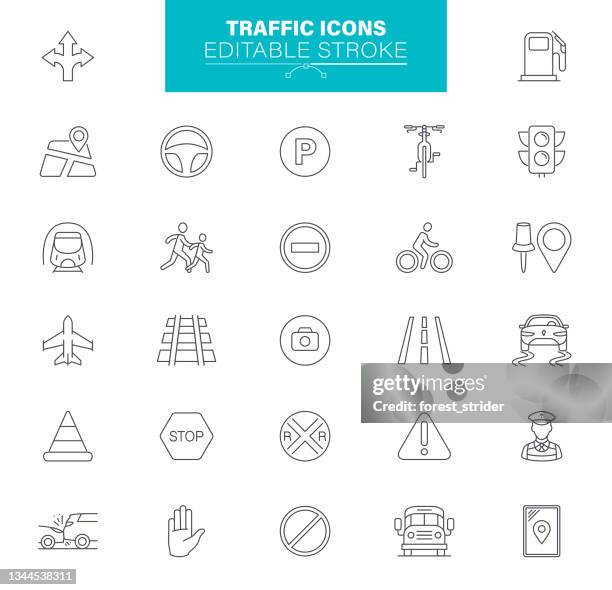 illustrazioni stock, clip art, cartoni animati e icone di tendenza di icone del traffico tratto modificabile. contiene icone come strada, stop, cono di traffico, auto, veicolo, segnale di avvertimento, mappa, navigazione, - parking sign