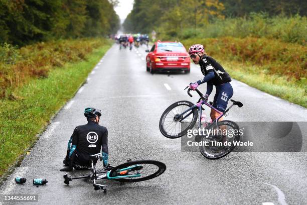 Jonas Van Genechten of Belgium and Team B&B Hotels P/B KTM and Mitchell Docker of Australia and Team EF Education - Nippo react after crash during...