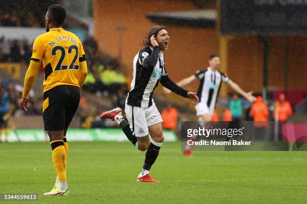 Jeff Hendrick of Newcastle United celebrates after scoring his sides 1st goal during the Premier League match between Wolverhampton Wanderers and...