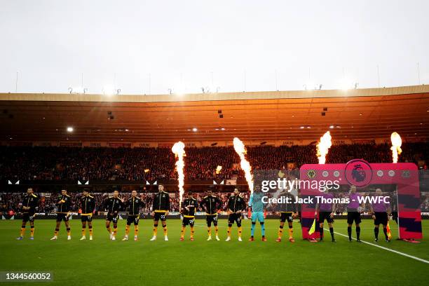 General view as Wolverhampton Wanderers players line up ahead of the Premier League match between Wolverhampton Wanderers and Newcastle United at...