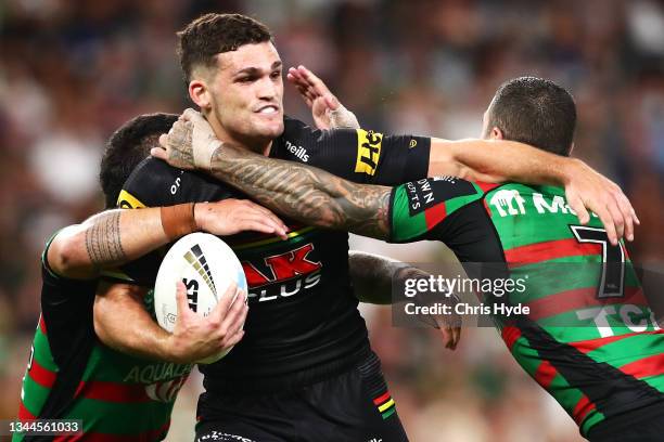 Nathan Cleary of the Panthers is tackled during the 2021 NRL Grand Final match between the Penrith Panthers and the South Sydney Rabbitohs at Suncorp...