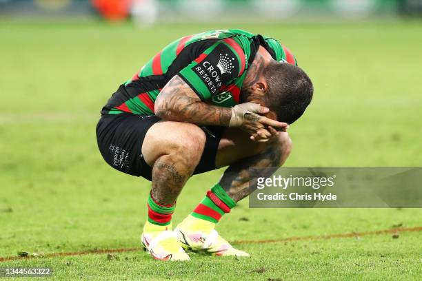 Adam Reynolds of the Rabbitohs looks dejected during the 2021 NRL Grand Final match between the Penrith Panthers and the South Sydney Rabbitohs at...