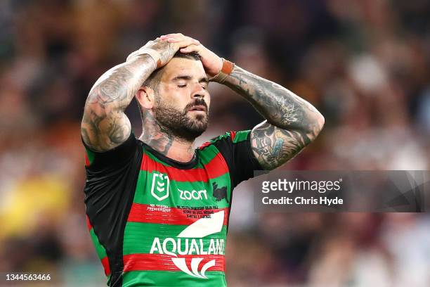 Adam Reynolds of the Rabbitohs looks dejected during the 2021 NRL Grand Final match between the Penrith Panthers and the South Sydney Rabbitohs at...
