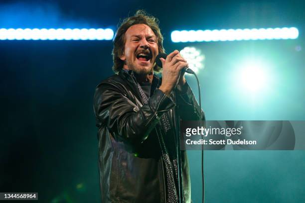 Singer Eddie Vedder of Pearl Jam performs onstage during day 2 of the Ohana Festival Encore weekend on October 02, 2021 in Dana Point, California.