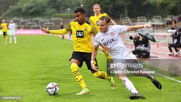 Mirnes Pepic of Wuerzburg challenges Ansgar Knauff of Dortmund during the 3. Liga match between Borussia Dortmund II and Würzburger Kickers at...