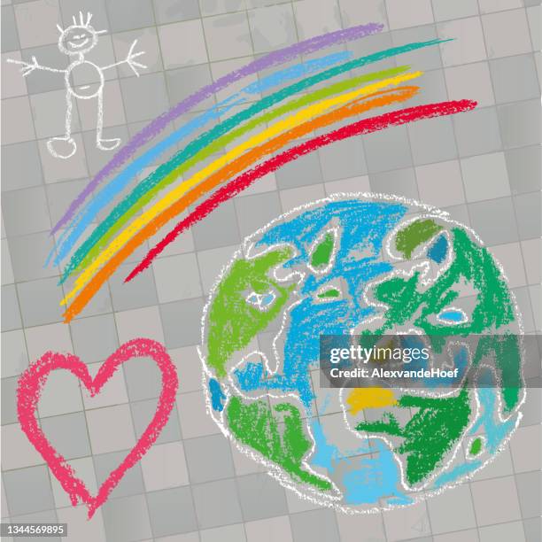 stockillustraties, clipart, cartoons en iconen met planet earth childlike chalk drawing - krijttekening