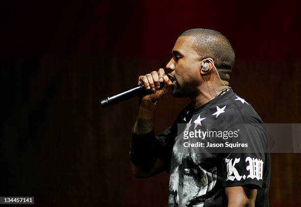 Musician Kanye West performs during the "Watch The Throne" tour at Sprint Center on November 29, 2011 in Kansas City, Missouri.