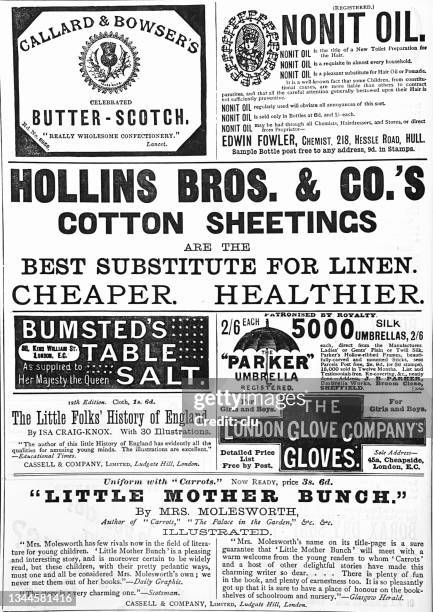 ads in english mgazine 1890 - headlines collage stock illustrations