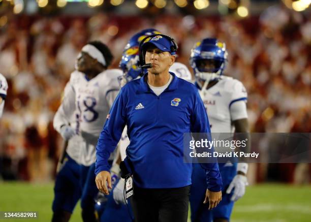 Head coach Lance Leipold of the Kansas Jayhawks coaches from the sidelines in the first half of play at Jack Trice Stadium on October 2, 2021 in...