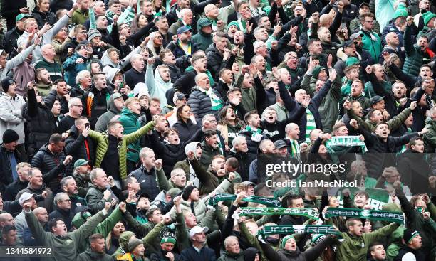 Celtic fans are seen during the Ladbrokes Scottish Premiership match between Aberdeen and Celtic at Pittodrie Stadium on October 03, 2021 in...