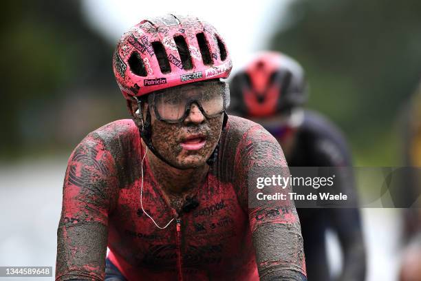 Stefan Bissegger of Switzerland and Team EF Education - Nippo competes covered in mud during the 118th Paris-Roubaix 2021 - Men's Eilte a 257,7km...