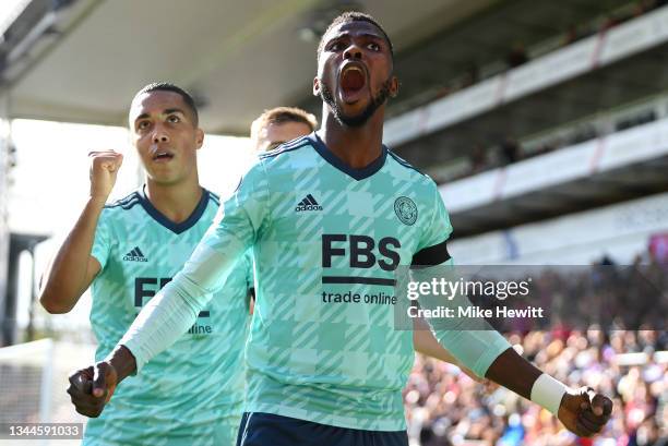 Kelechi Iheanacho of Leicester City celebrates after scoring their side's first goal during the Premier League match between Crystal Palace and...