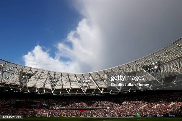 General view of London Stadium during the Premier League match between West Ham United and Brentford at London Stadium on October 03, 2021 in London,...