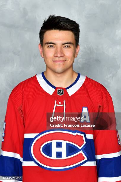 Nick Suzuki of the Montreal Canadiens poses for his official headshot for the 2021-2022 season on September 22, 2021 at the Bell Sports Complex in...