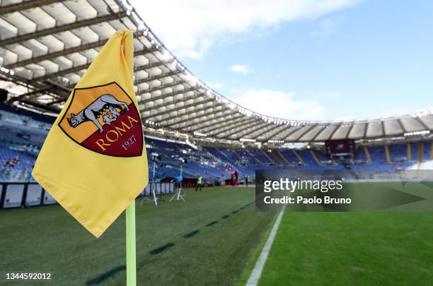General view of a corner flag inside the stadium prior to the Serie A match between AS Roma v Empoli FC at Stadio Olimpico on October 03, 2021 in...