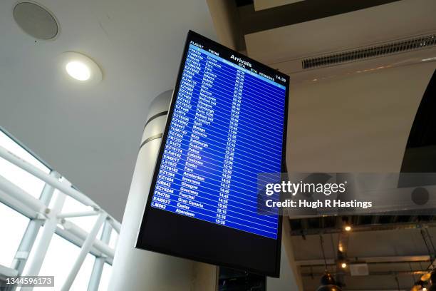 Close up view of flight information in the departures hall at Bristol Airport on October 03, 2021 in Bristol, England. Starting tomorrow, the United...